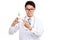 Asian male doctor point to syringe with green medicine