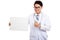 Asian male doctor thumbs up with blank sign