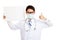 Asian male doctor wear mask thumbs up with blank banner