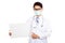 Asian male doctor wear mask thumbs up with blank banner