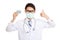 Asian male doctor wear mask thumbs up with blank card