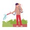 Asian Male Farmer Watering Green Plant Vector Illustration