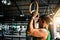 Asian man athlete gymnast rings exercise in gymnastics exercise