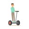 Asian Man In Blue Sweater Riding Electric Self-Balancing Battery Powered Personal Electric Scooter Cartoon Character