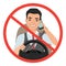 Asian man driving a car talking on the phone. sign stop danger