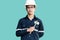 Asian man,Engineer or Technician in white helmet, glasses and bl