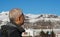 Asian man happy portrait with Europe snow mountain village background