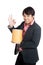 Asian man hold a blank bucket and show OK sign