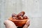 Asian man`s hand gives a date palm Phoenix dactylifera on a wooden bowl