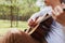 Asian man sitting and singing with guitar under pine tree