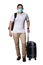 Asian man traveler with face mask standing with his suitcase luggage during covid pandemic, wearing casual shirt and backpack,