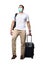 Asian man traveler with face mask walking drag his suitcase luggage during covid pandemic, wearing casual shirt and backpack, full