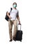 Asian man traveler with face mask walking drag his suitcase luggage during covid pandemic, wearing casual shirt and backpack, full