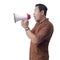 Asian Man Wearing Batik Shouting With Megaphone