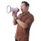 Asian Man Wearing Batik Shouting With Megaphone