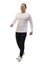 Asian man wearing casual white shirt black denim and white shoes, walking forward, side view, happy confidence expression. Full