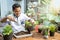 Asian men hold pots and planting tools to replace the soil as a media