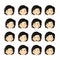 Asian men with rosy cheeks. Vector avatars and emoticons set.