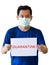 Asian men wear medical masks. Holding a Campaign Banner to Quarantine at Home To Prevent the Outbreak of the Corona Virus That is