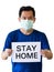 Asian men wear medical masks. Holding a Campaign Banner to Stay Home To Prevent the Outbreak of the Corona Virus That is Spreading