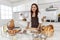 Asian middle-aged woman kneading dough for baking happy and smile in the home kitchen. concept dessert love and bond