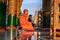 Asian monk prays in the Shwedagon Pagoda Temple