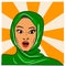 Asian moslem woman wearing hijab with shocked expression. Orange sunburst background. Pop art retro style.