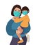 Asian Mother and daughter wear medical masks. Virus and disease prevention. Vector China or Japan Family illustration