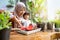 Asian mother helps her daughter take soil with a small shovel from a tray for planting media