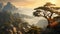 Asian Mountainside View: Vray-rendered Classical Scene With Pine Trees And Mountains