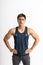 Asian muscular man wearing sportswear stand facing forward look the camera with hands on waist