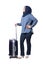 Asian musim woman traveler standing with her suitcase luggage, waiting gesture, full length portrait