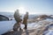 asian muslim couple standing and enjoying the view of beautiful cappadocia