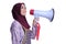 Asian Muslim wearing apron and hold a megaphone