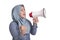 Asian muslim woman Shouting with Megaphone, Leader, Supporter or Protester