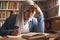 Asian muslim woman studying in library, exam preparation concept. Female college student doing research and making notes in her