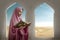 Asian Muslim woman in a veil holding prayer beads and reading the Quran