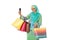 Asian muslimah woman with bright wicker tote bags taking selfie.Isolated