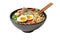 Asian noodle soup, ramen with chicken, vegetables and egg in black bowl,