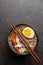 Asian noodle soup with soba noodles, vegetable and egg