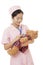 Asian nurse caring for a teddy bear isolated on a white background