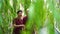 Asian old couple holding hand walking through green willow tree happy together