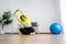 Asian overweight woman doing stretching exercise at home on fitness mat. Home activity training, online fitness class. Stretching