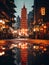 an asian pagoda is reflected in a puddle in the middle of a city street