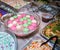 Asian party foods with shrimp and sticky rice colorful