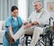 Asian physiotherapist, senior man and wheelchair for legs rehabilitation, recovery or nursing home care. Physiotherapy