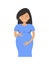 Asian pregnant woman in blue dress isolated on a white background