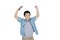 Asian preteen boy lifts hands with happy expression