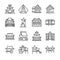 Asian property line icon set. Included the icons as Thai house, Japanese house , Chinese house, palace, home, estate and more.