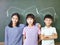 Asian pupils standing underneath chalk-drawn doctoral hat